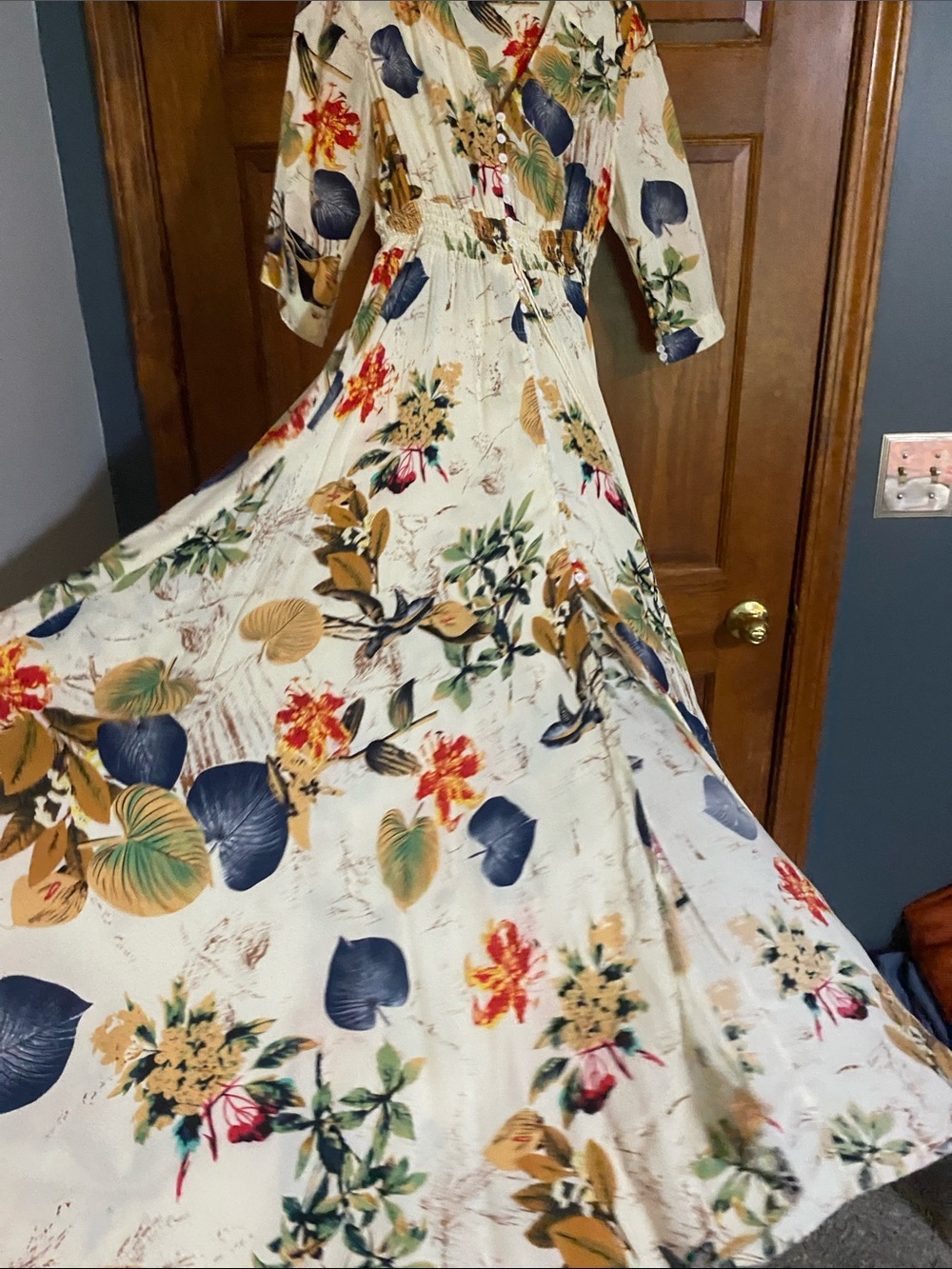 Ivory Floral Maxi Dress with Navy and Green Accents